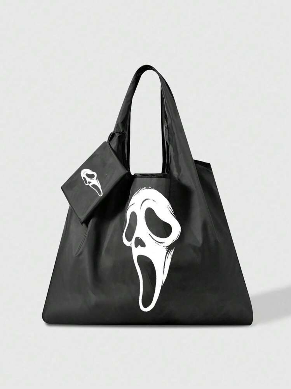 Black Tote Reusable Foldable Bag with White Scream Print